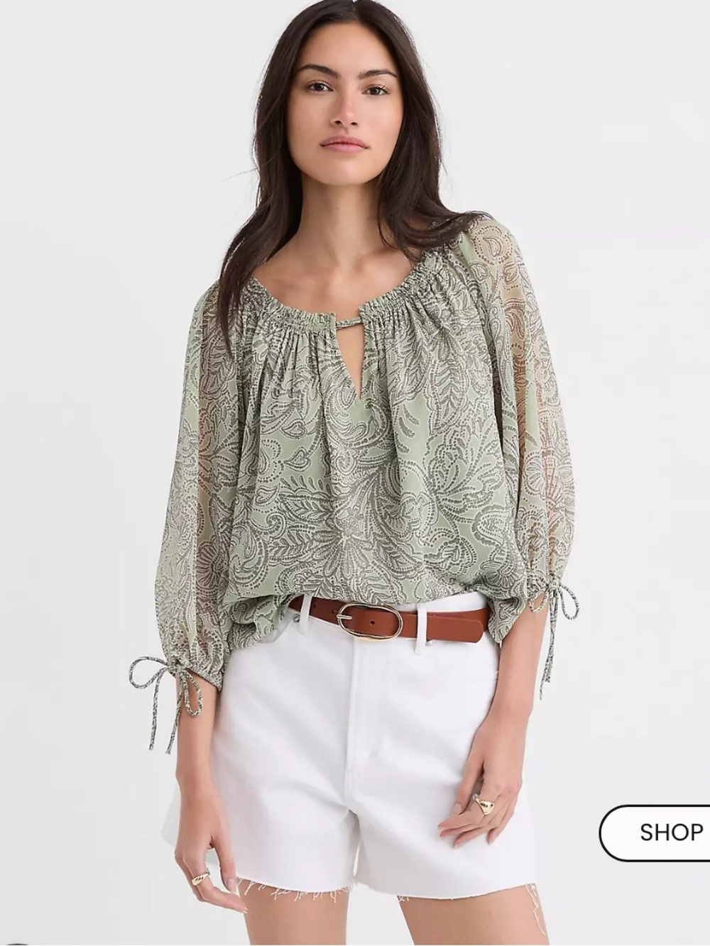 LOFT Sage Green Floral Tie-Neck Peasant Blouse